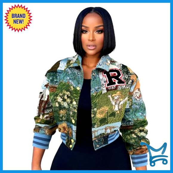 Cropped Floral Bomber Jacket, Lightweight Polyester, Button Down, Casual - Picture 2 of 5